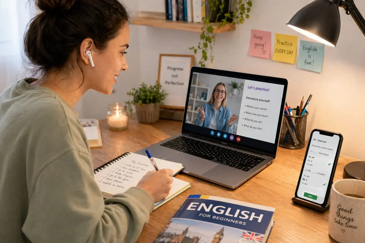 Aluna adulta em aula de inglês online no nível A1