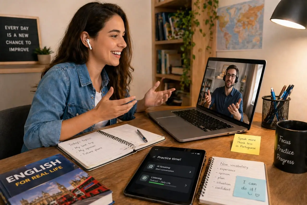 Aluna adulta praticando conversação em inglês no nível A2