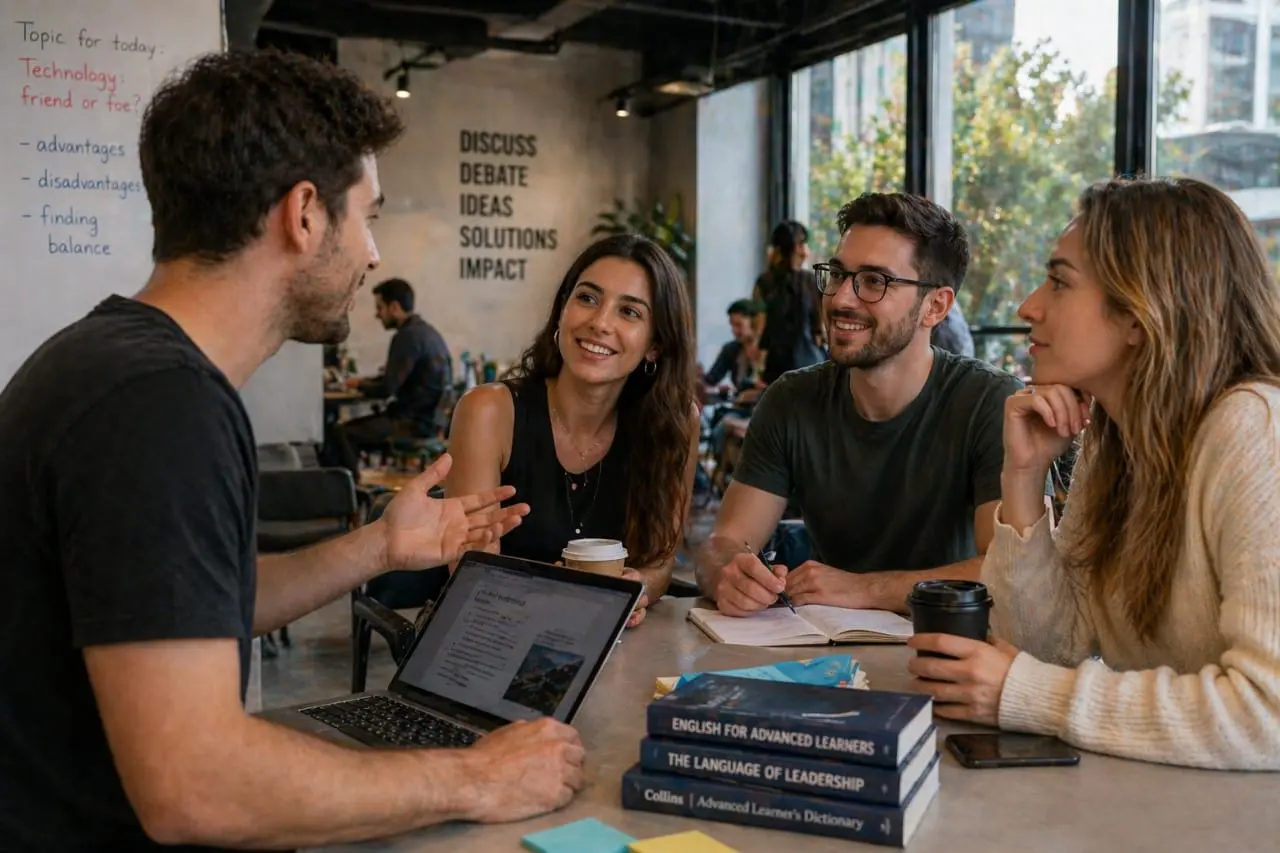 Adultos debatendo ideias em inglês no nível B2