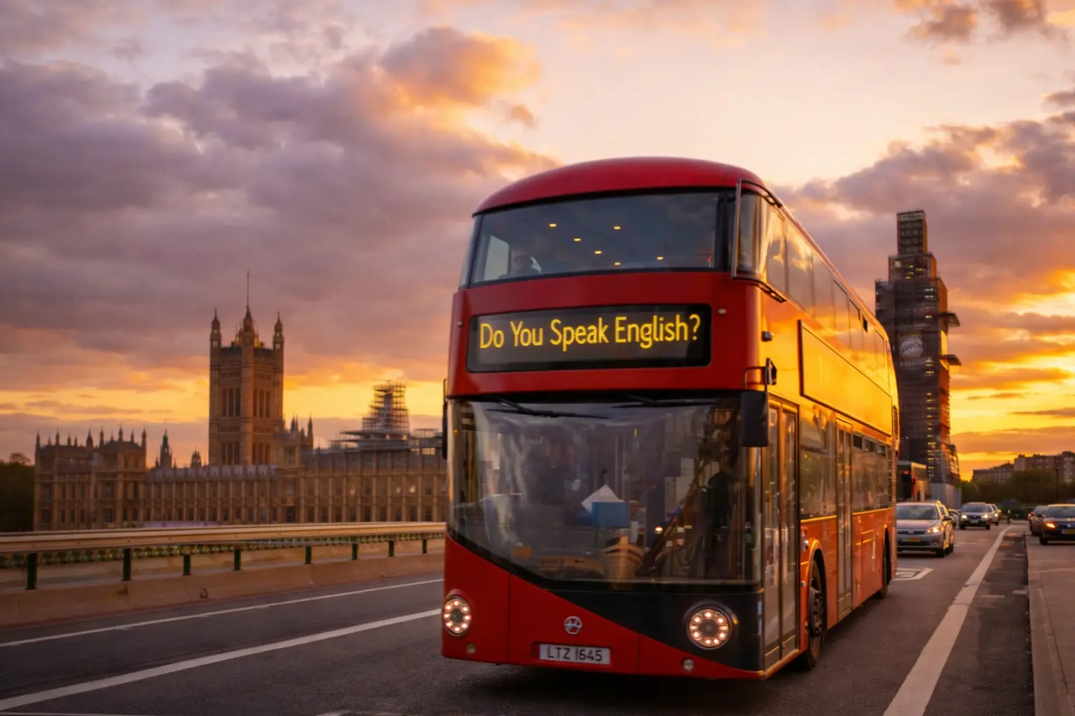 Ônibus vermelho em Londres ao pôr do sol