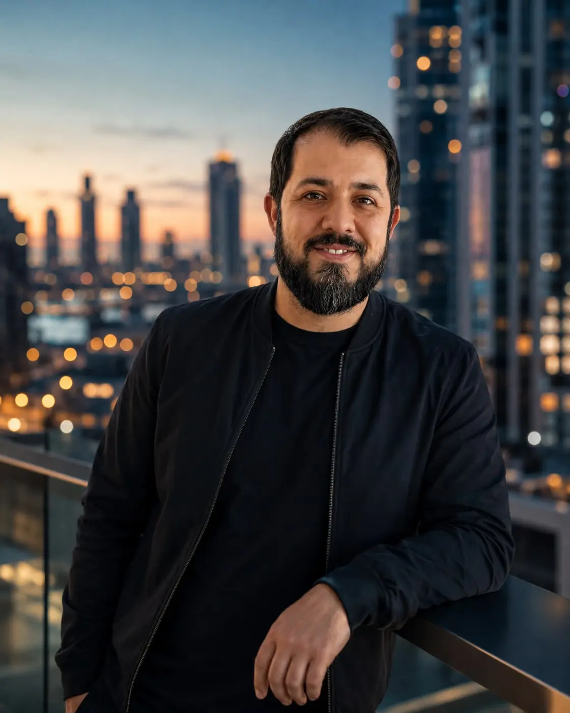 Diego Cavazotti em uma sacada com a cidade ao fundo