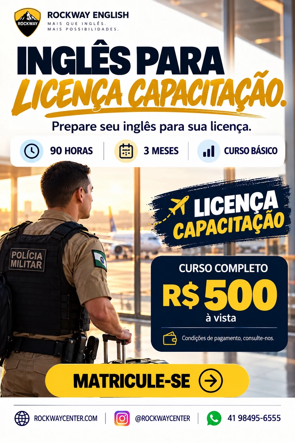 Profissional das forças de segurança em um aeroporto, imagem da campanha Rockway