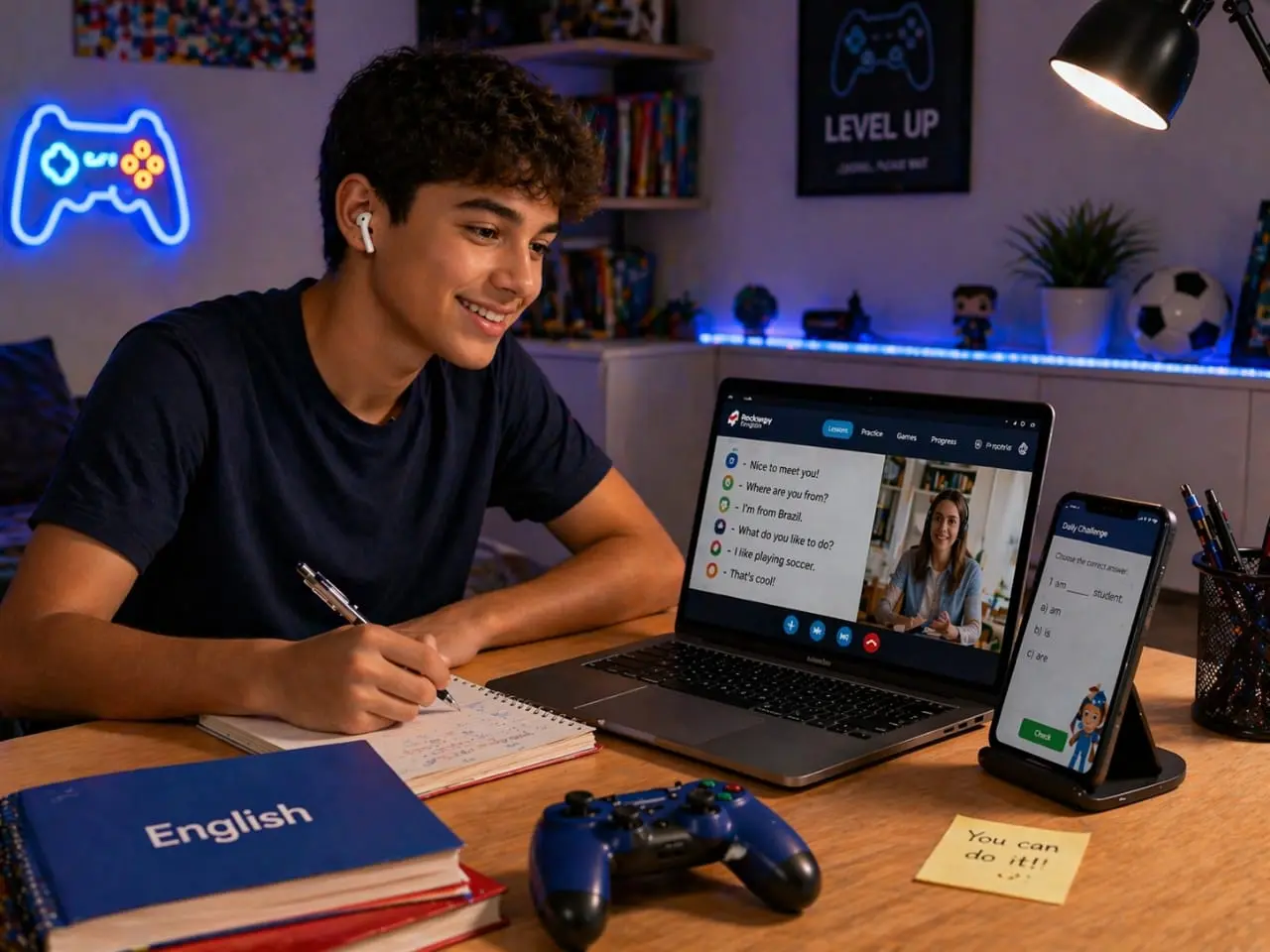 Adolescente em aula de inglês online no nível A1