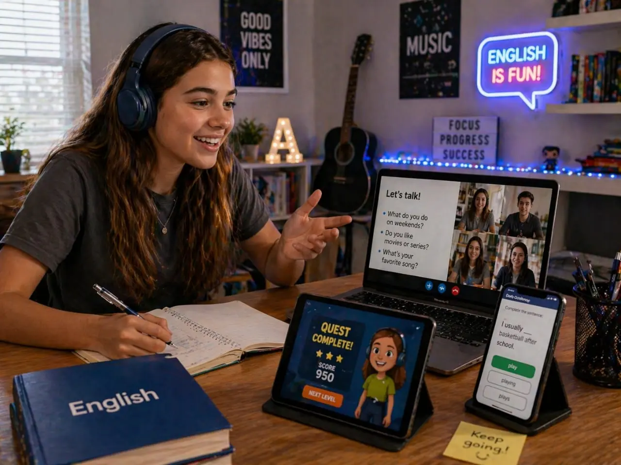 Adolescente praticando inglês com tecnologia e gamificação no nível A2