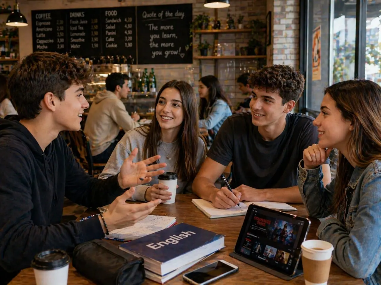 Adolescentes conversando em inglês no nível B1