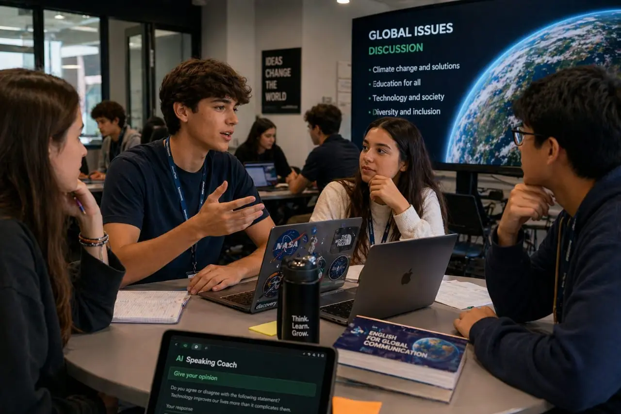 Adolescentes discutindo temas globais em inglês no nível B2