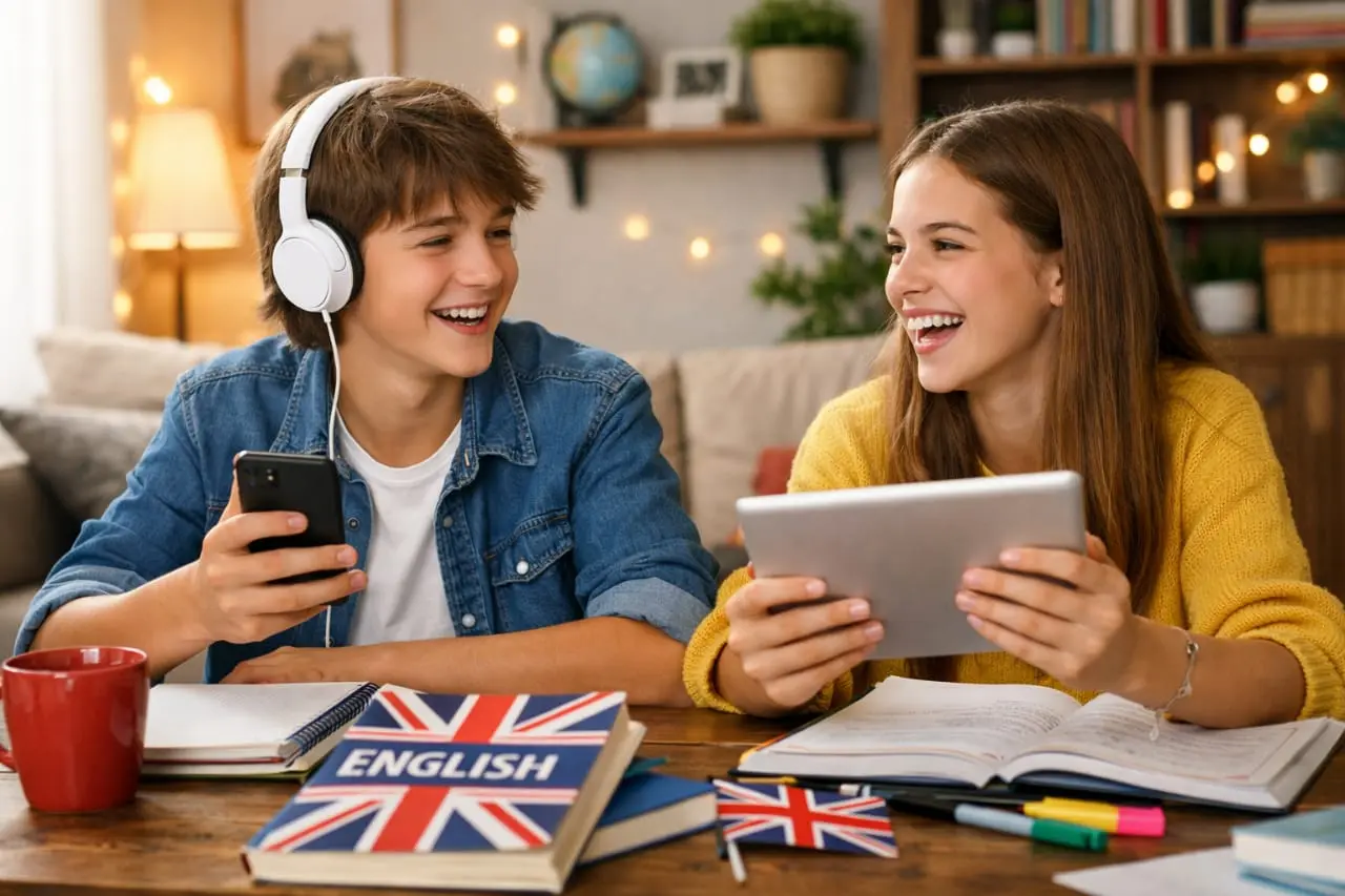 Dois adolescentes estudando inglês com livros e tablet
